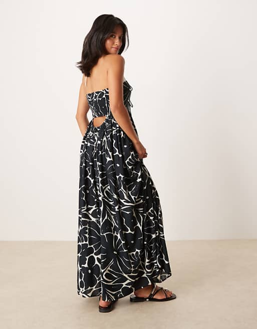 ASOS DESIGN Petite Bandeau Lace Up Maxi Beach Dress With Linen In Mono Floral