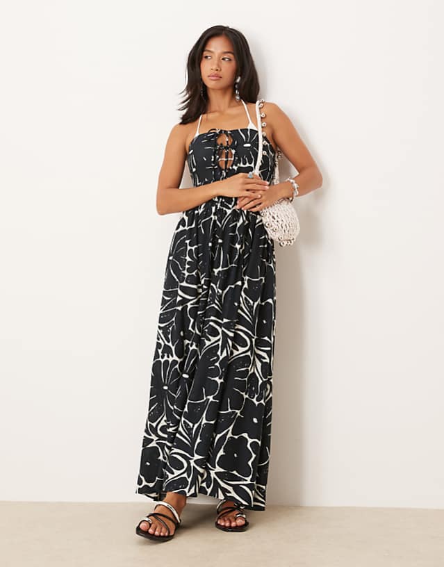 ASOS DESIGN Petite bandeau lace up maxi beach dress with linen in mono floral