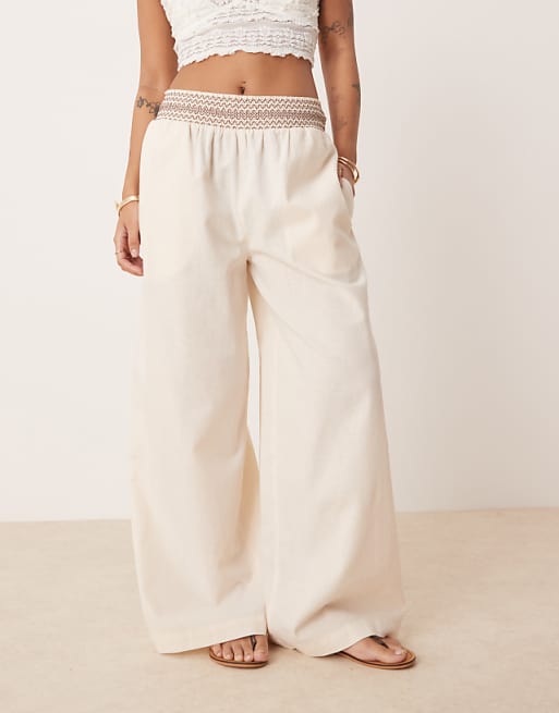 ASOS DESIGN Petite Linen Blend Pull On Wide Leg Trousers With Shirred Waist Detail In Cream With Brown