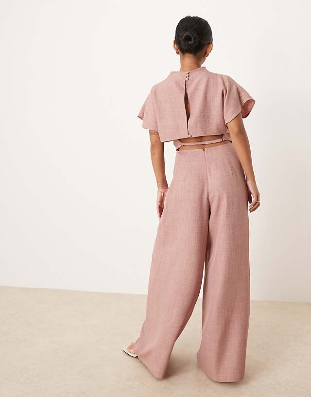 ASOS DESIGN Petite Linen Look Open Back And Ruched Detail Jumpsuit In Blush