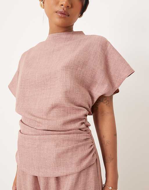 ASOS DESIGN Petite Linen Look Open Back And Ruched Detail Jumpsuit In Blush