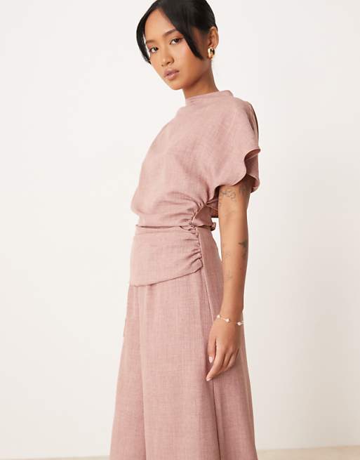 ASOS DESIGN Petite Linen Look Open Back And Ruched Detail Jumpsuit In Blush