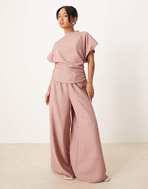 ASOS DESIGN Petite linen look open back and ruched detail jumpsuit in blush