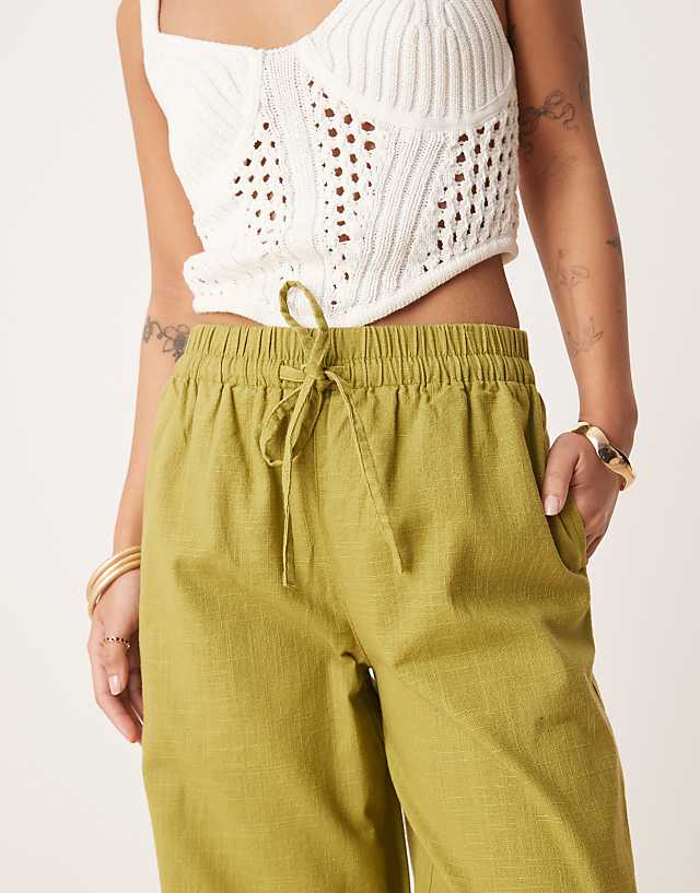 ASOS DESIGN Petite Linen Look Pull On Trousers In Olive