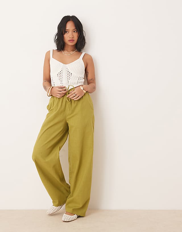ASOS DESIGN Petite Linen Look Pull On Trousers In Olive