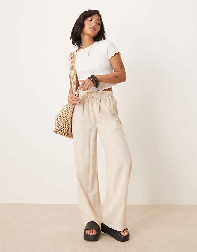 ASOS DESIGN Petite Pull On Trousers With Linen In Stone