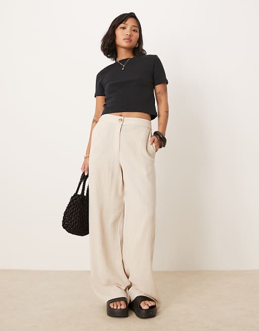 ASOS DESIGN Petite Relaxed Straight Leg Trousers With Linen In Natural