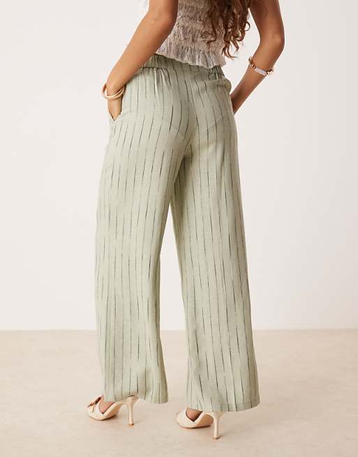 ASOS DESIGN Petite Relaxed Straight Leg Trousers With Linen In Sage Squiggle Stripe