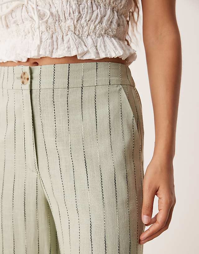 ASOS DESIGN Petite Relaxed Straight Leg Trousers With Linen In Sage Squiggle Stripe