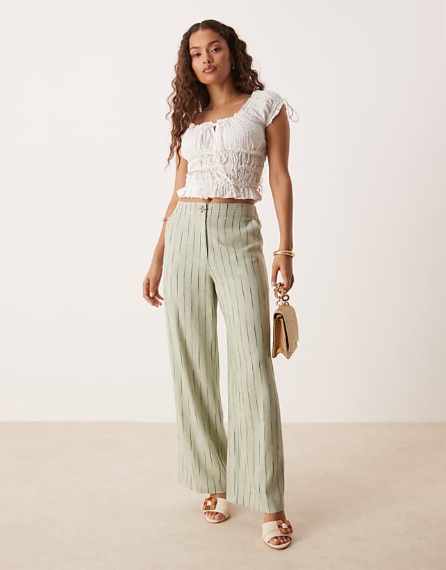 ASOS DESIGN Petite relaxed straight leg trousers with linen in sage squiggle stripe