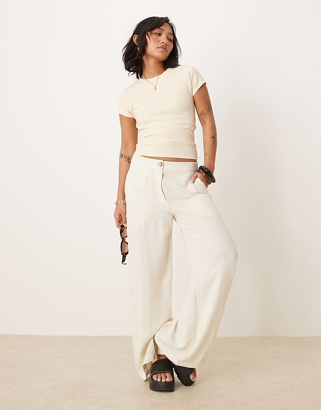 ASOS DESIGN Petite relaxed straight leg trousers with linen in off white