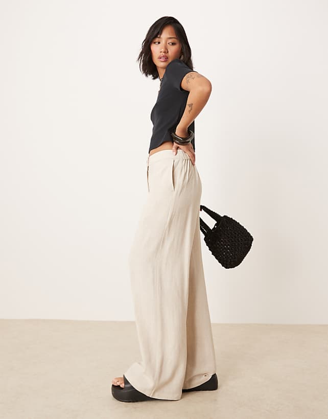 ASOS DESIGN Petite relaxed straight leg trousers with linen in natural