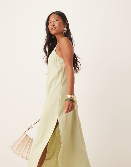 ASOS DESIGN Petite Scoop Neck Cotton Linen Midi Dress In Sage
