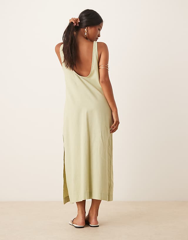 ASOS DESIGN Petite Scoop Neck Cotton Linen Midi Dress In Sage