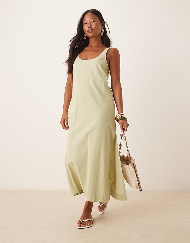 ASOS DESIGN Petite scoop neck cotton linen midi dress in sage