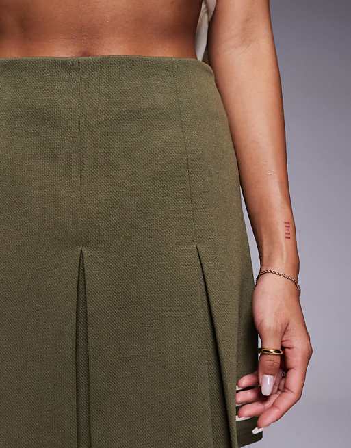 ASOS DESIGN Pleated Jersey Twill Mini Skirt In Khaki