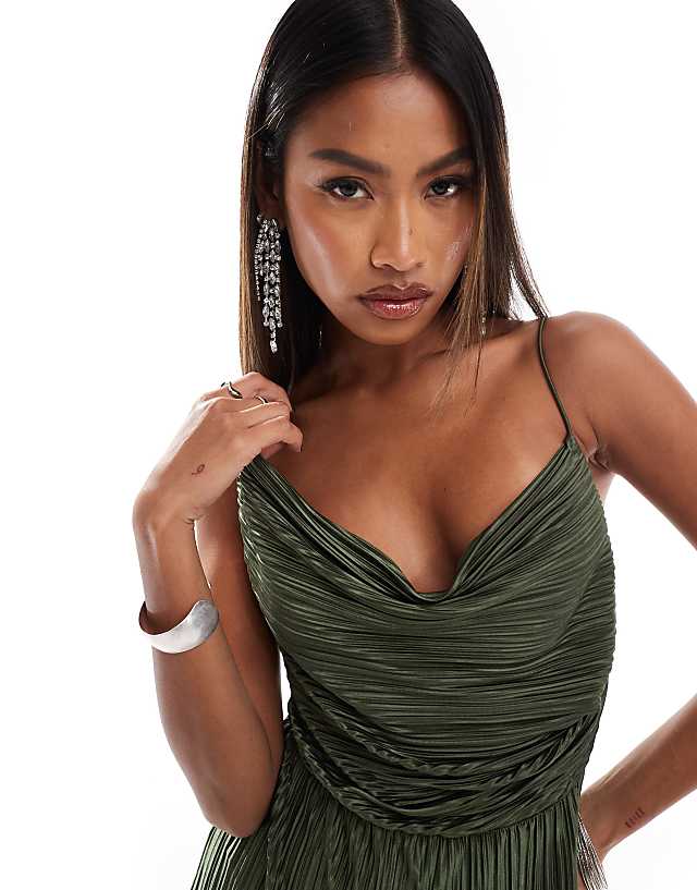 ASOS DESIGN Plisse Asymmetric Drape Cami Jumpsuit In Khaki
