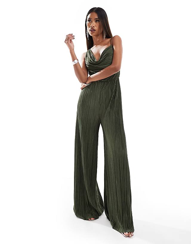 ASOS DESIGN Plisse Asymmetric Drape Cami Jumpsuit In Khaki