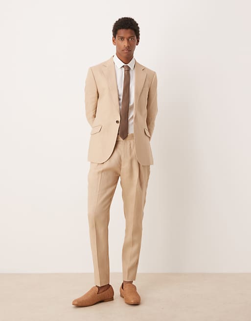ASOS DESIGN Premium 100% Linen Slim Suit In Stone