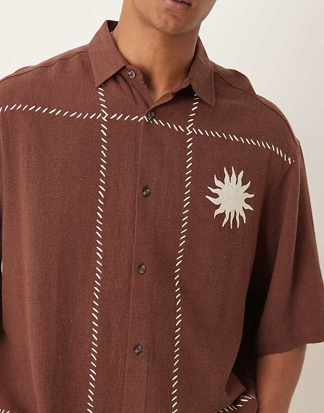 ASOS DESIGN Premium Boxy Oversized Linen Blend Shirt With Embroidery In Brown