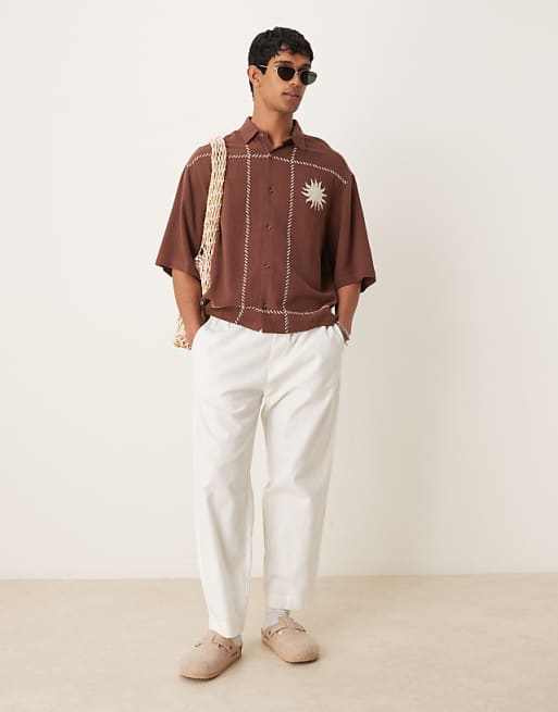 ASOS DESIGN Premium Boxy Oversized Linen Blend Shirt With Embroidery In Brown