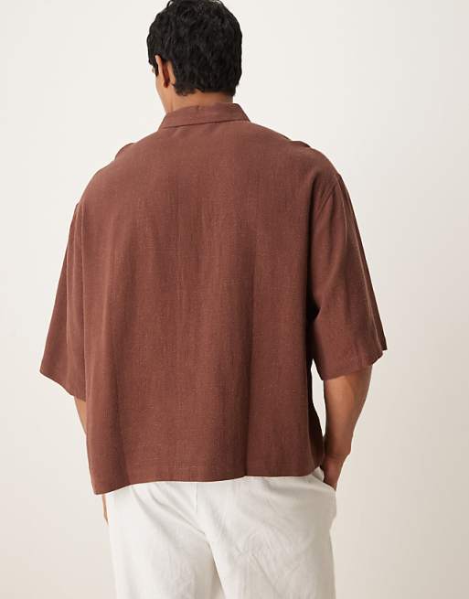 ASOS DESIGN Premium Boxy Oversized Linen Blend Shirt With Embroidery In Brown