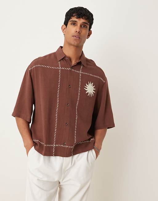 ASOS DESIGN premium boxy oversized linen blend shirt with embroidery in brown
