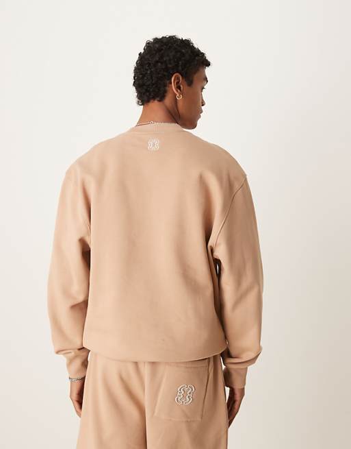 ASOS DESIGN Premium Heavyweight Crew With Embroidery In Neutral - BEIGE