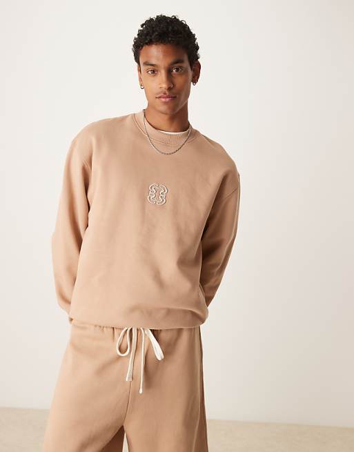 ASOS DESIGN premium heavyweight crew with embroidery in neutral - BEIGE
