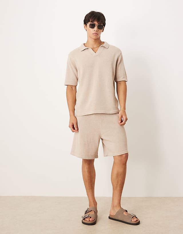 ASOS DESIGN Relaxed Knitted Notch Neck Polo Co-ord In Mink