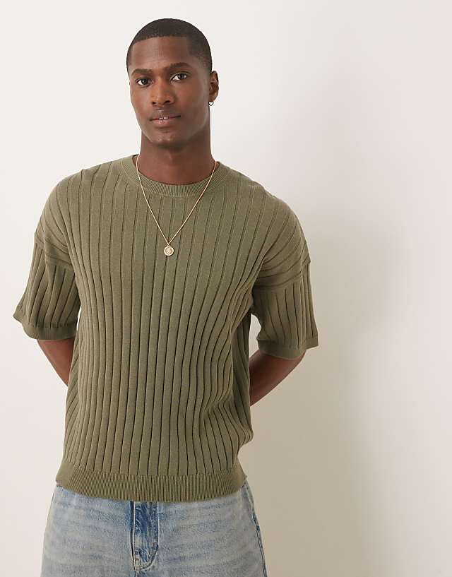 ASOS DESIGN relaxed knitted rib t-shirt in khaki