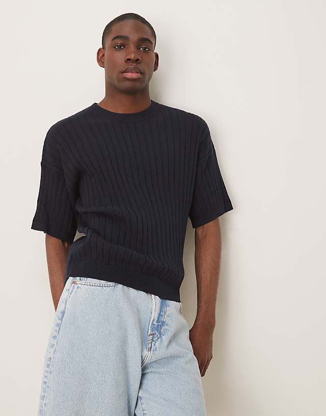 ASOS DESIGN Relaxed Knitted Rib T-shirt In Navy