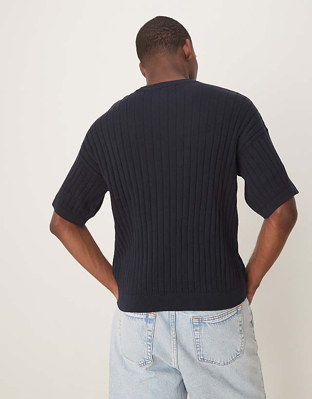 ASOS DESIGN Relaxed Knitted Rib T-shirt In Navy
