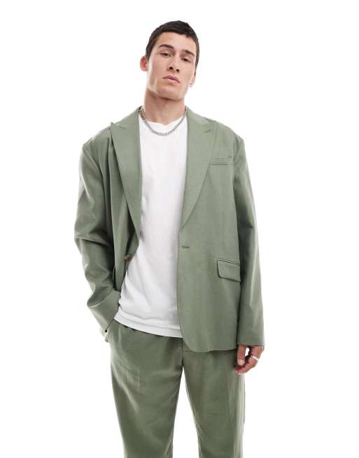 ASOS DESIGN Relaxed Linen Blend Slouchy Suit In Olive Green
