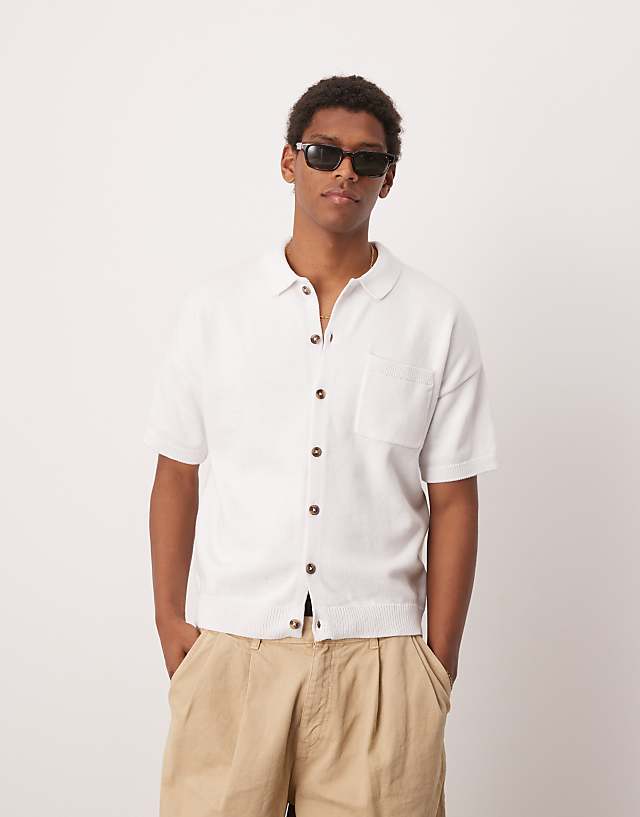 ASOS DESIGN Relaxed Midweight Knitted Cotton Button Through Polo In White