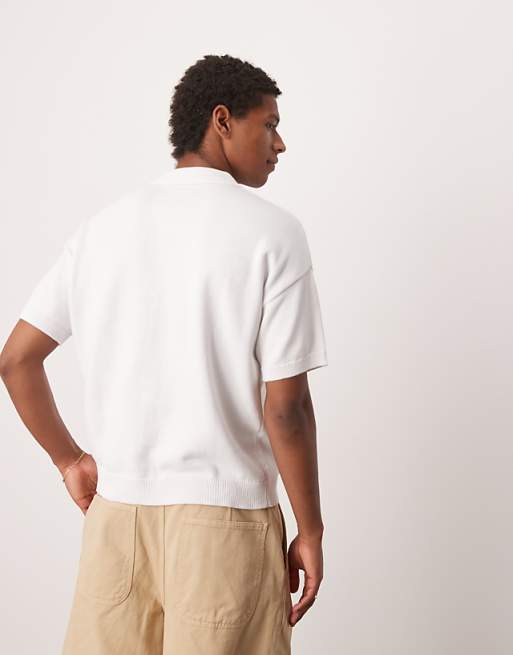 ASOS DESIGN Relaxed Midweight Knitted Cotton Button Through Polo In White
