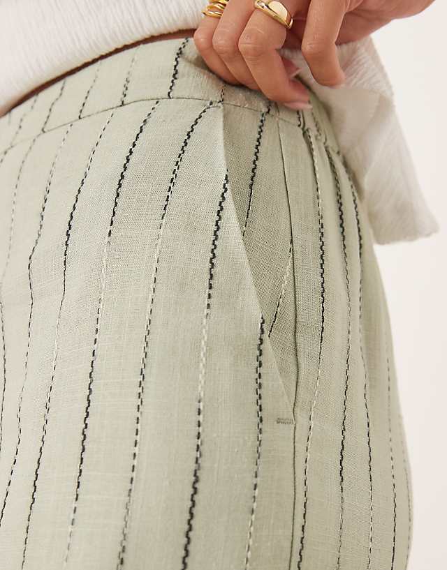 ASOS DESIGN Relaxed Straight Leg Trousers With Linen In Sage Squiggle Stripe