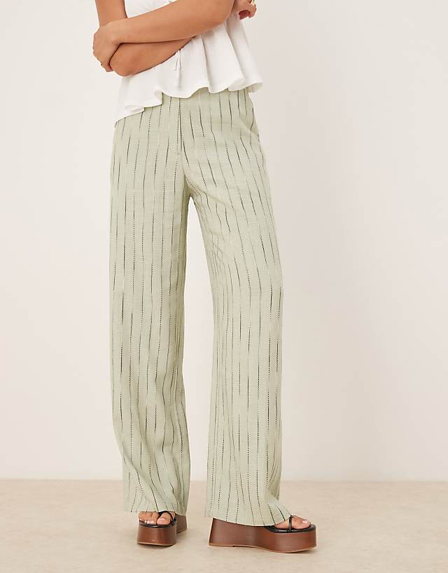 ASOS DESIGN Relaxed Straight Leg Trousers With Linen In Sage Squiggle Stripe