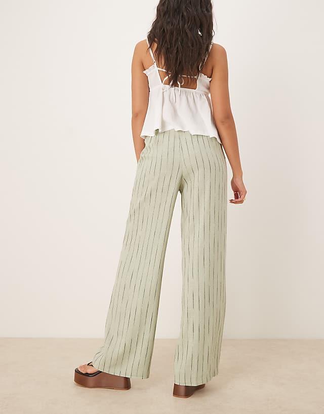 ASOS DESIGN Relaxed Straight Leg Trousers With Linen In Sage Squiggle Stripe