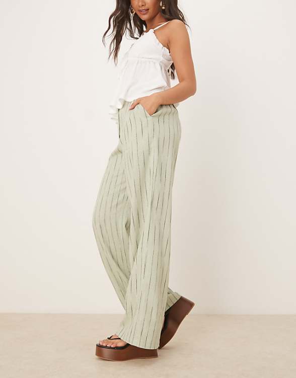 ASOS DESIGN relaxed straight leg trousers with linen in sage squiggle stripe