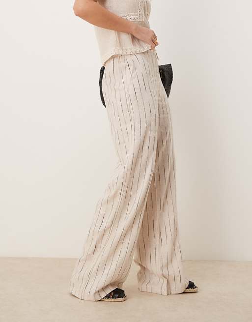 ASOS DESIGN Relaxed Straight Leg Trousers With Linen In Natural Squiggle Stripe