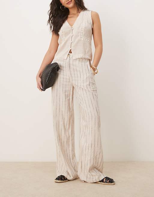 ASOS DESIGN relaxed straight leg trousers with linen in natural squiggle stripe