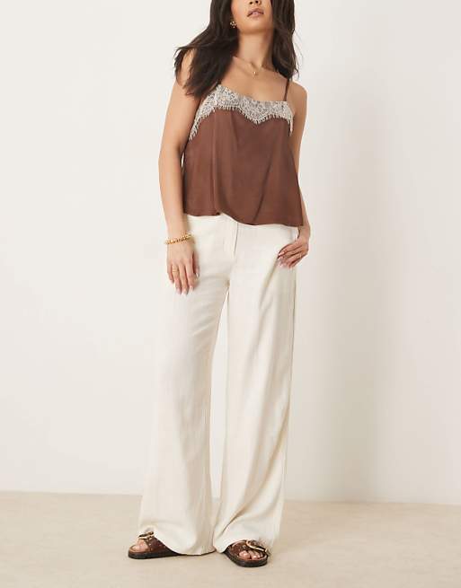 ASOS DESIGN relaxed straight leg trousers with linen in cream