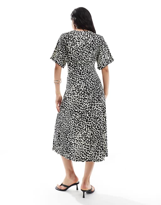 ASOS DESIGN Roll Sleeve Button Front Midi Tea Dress In Animal Print