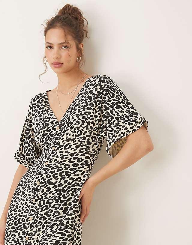 ASOS DESIGN Roll Sleeve Button Front Midi Tea Dress In Animal Print