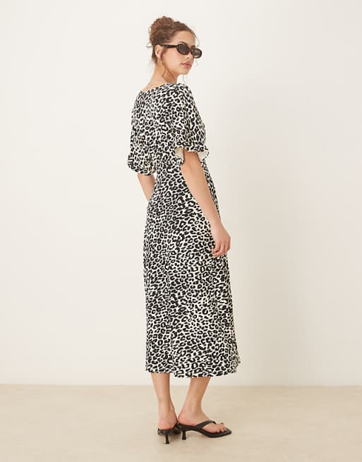 ASOS DESIGN Roll Sleeve Button Front Midi Tea Dress In Animal Print