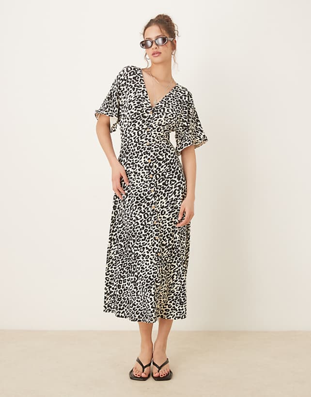 ASOS DESIGN roll sleeve button front midi tea dress in animal print