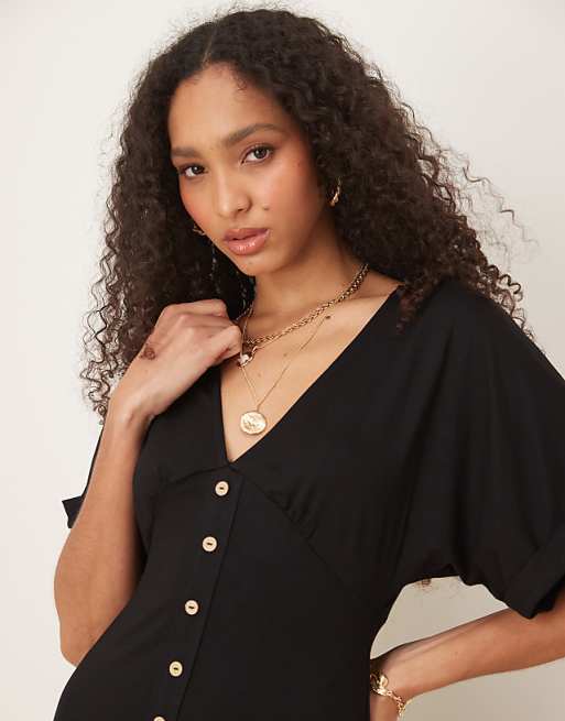 ASOS DESIGN Roll Sleeve Button Front Mini Tea Dress In Black