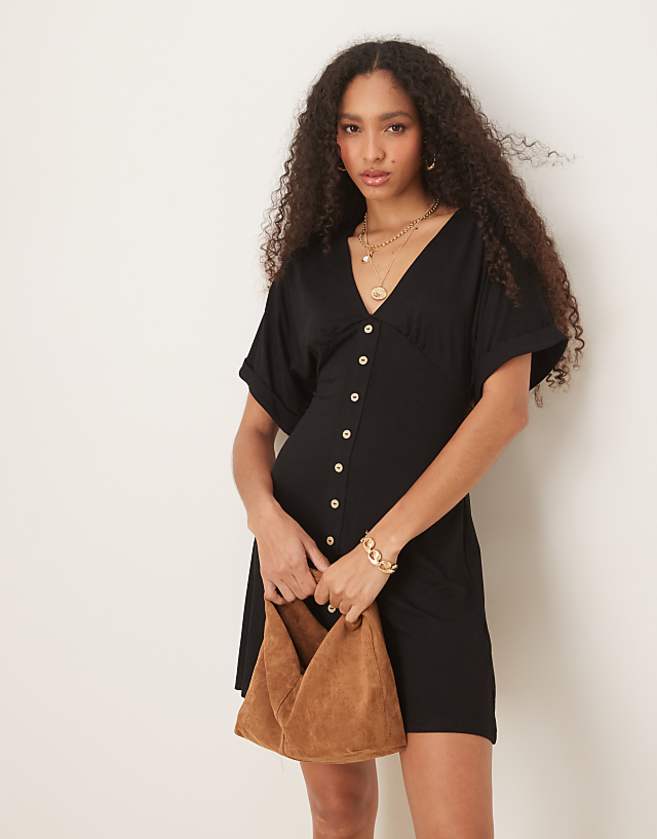 ASOS DESIGN Roll Sleeve Button Front Mini Tea Dress In Black
