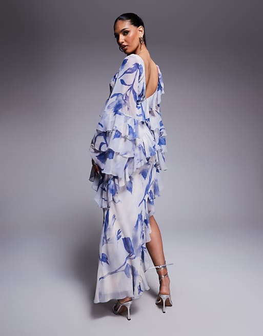 ASOS DESIGN Ruffle Bias Maxi Dress With Extreme Tiered Sleeve In Blue Floral Print